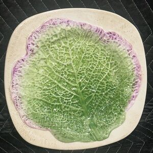Cabbage Leaf Plate Platter Ceramiche Leonardo Italy 11.5" Green Purple Majolica